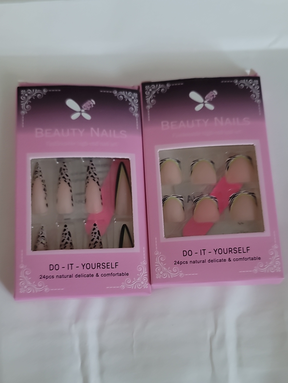 Pink Press-On Nail Set - Leopard & French Tip Styles